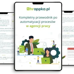 Kompletny przewodnik po automatyzacji procesów w agencji pracy. Grafika przedstawia ekrany urządzeń z artykułem o automatyzacji procesów w agencji pracy.