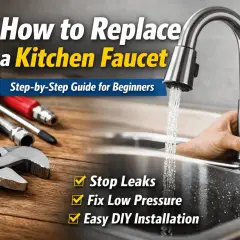 Learn how to replace a kitchen faucet with this step-by-step guide. Tools and a new faucet are shown, ready for an easy DIY installation.