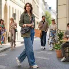 Stylowa kobieta w luźnych jeansach i kurtce tworzy idealną stylizację na wycieczkę po mieście. W tle widać innych spacerujących ludzi i kawiarnię.