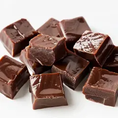En hög med glansiga, mörka chokladbitar. Perfekt för ett enkelt chokladkola recept.
