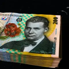 Stos banknotów 200 lei, rumuńska waluta, z wizerunkiem Luciana Blagi i makami.