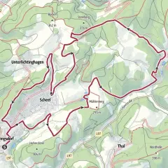 Wanderkarte mit markiertem Weg rund um Frielingsdorf und Scheel. Der sagenweg Lindlar führt durch Wälder und über Hügel, vorbei an Orten wie Unterlichtinghagen und Erlinghagen.