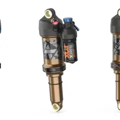 Three views of a Fox Float X Factory shock absorber, designed for mountain bikes, featuring a bronze body and black accents.