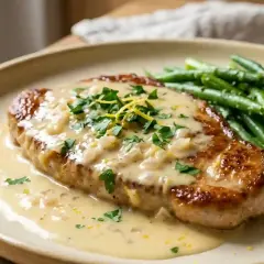 Escalopes de veau tendres nappées d'une sauce crémeuse au citron, accompagnées de haricots verts croquants. Un plat de scaloppine al limone savoureux.