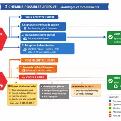 Schéma présentant les deux options après une déclaration VEI : accepter l'offre de l'assureur ou racheter l'épave. Un véhicule économiquement irréparable mais techniquement réparable peut être soit détruit, soit racheté pour pièces ou revendu.