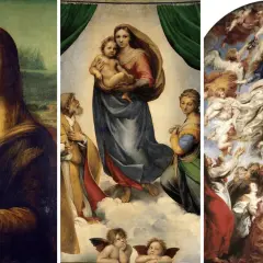 A triptych of famous art in the Renaissance era: Mona Lisa, Raphael's Sistine Madonna, and Rubens' Assumption of the Virgin Mary.