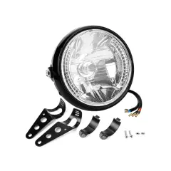Faro anteriore moto universale nero con staffe di montaggio e cavi. Ideale per personalizzare la tua moto.