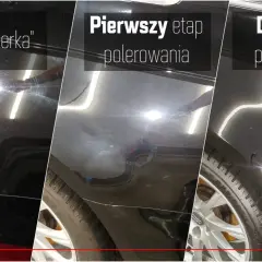 Porównanie korekty lakieru: przed polerowaniem (widoczne rysy), pierwszy etap polerowania (mniejsze rysy), drugi etap polerowania (lakier jak nowy).