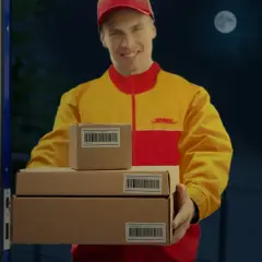 DHL-Bote liefert Pakete bei Nacht aus, der Mond scheint.