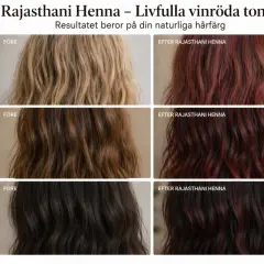 Före- och efterbilder visar hur herbique henna kastanjebrun ger livfulla vinröda toner på ljust, ljusbrunt och mörkt hår.