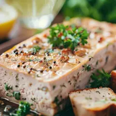 Délicieuse terrine de merlan, parsemée d'herbes fraîches et de grains de poivre, servie avec des tranches de pain grillé.