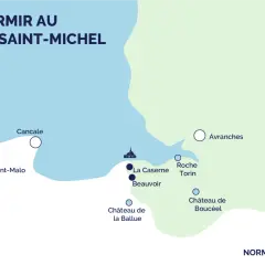 Carte des options d'hébergement près du Mont-Saint-Michel, incluant des lieux comme Saint-Malo et Avranches. Idéal pour planifier votre séjour en camping-car.