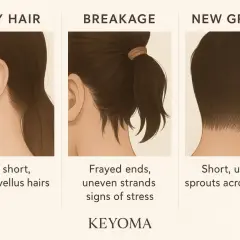 Ilustraciones de cabello: vello fino, puntas rotas y nuevo crecimiento. El nuevo crecimiento se ve como brotes cortos y uniformes en el cuero cabelludo.