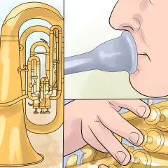 Ein Mann spielt auf einer goldenen Tuba, einem beeindruckenden Musikinstrument. Seine Finger bewegen sich geschickt über die Ventile.