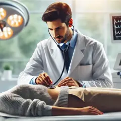 Doctor in white coat using stethoscope on patient lying on examination table, with medical equipment in background.