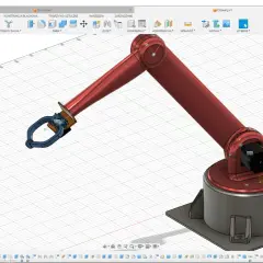 Czerwone ramię robota 3D z chwytakiem, widok z programu CAD.