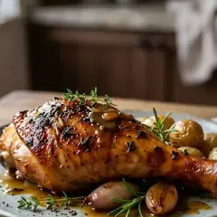Une savoureuse cuisse de dinde au four, dorée et nappée d'une sauce onctueuse, accompagnée de pommes de terre rôties et d'aromates.