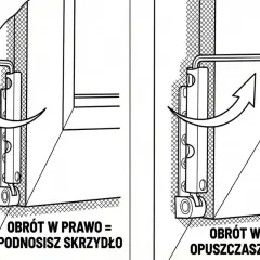 Regulacja okien na zimę: obrót klucza w prawo podnosi skrzydło, w lewo opuszcza.