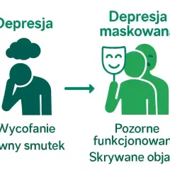 Ilustracja pokazuje przejście od jawnego smutku i wycofania do pozornego funkcjonowania i ukrytych objawów, czyli depresji maskowanej.