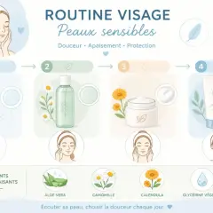 Routine visage pour peaux sensibles : 4 étapes avec aloe vera, camomille et calendula. Un conseil beauté pour une peau douce et apaisée.