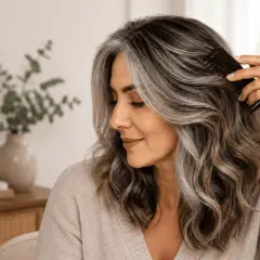 Mujer peinando su hermoso pelo canoso, con mechones plateados que resaltan su estilo natural.