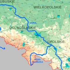 Graniczne rzeki Polski: Nysa Łużycka i Odra wyznaczają zachodnią granicę, a Nysa Kłodzka płynie na południu.