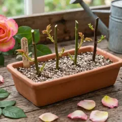 Boutures de rosier en terre, prêtes à prendre racine. Une belle rose rose et jaune à côté, ainsi que des pétales et des feuilles.