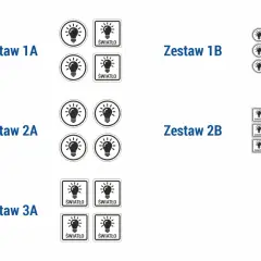 Zestawy oznaczeń włączników światła: ikony żarówki w okręgu i kwadracie z napisem "ŚWIATŁO".