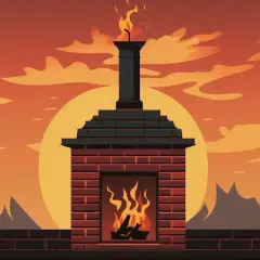 Chimenea de ladrillo con fuego y humo ascendiendo. El humo de la chimenea es malo para el aire, especialmente con este atardecer anaranjado.