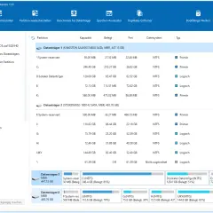 MiniTool Partition Wizard zeigt Datenträger mit MBR-Partitionierung an. Hier werden die Partitionen, Kapazitäten und Dateisysteme aufgelistet.