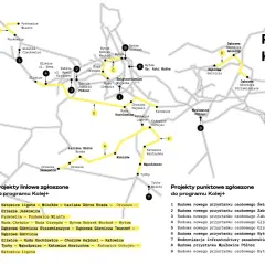 Mapa Kolej+ z zaznaczonymi projektami linii autobusowych i punktowymi. Gliwice bilety autobusowe są częścią tej sieci.