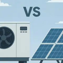 Unidad de aerotermia frente a placas solares, comparando dos opciones de energía sostenible para el hogar.