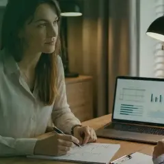 Kobieta i mężczyzna przy biurku analizują wykresy na laptopie i dokumenty.