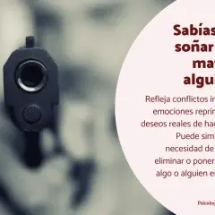 Pistola apuntando directamente. El texto explica que soñar que matas a alguien refleja conflictos internos, no deseos de hacer daño.