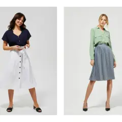 Dwie kobiety prezentują eleganckie zestawy: biała spódnica z granatową bluzką i zielona bluzka z niebieską spódnicą. Idealny dress code na lato.