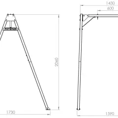Schemat huśtawki ogrodowej z wymiarami: wysokość 2060 mm, szerokość 1590 mm, głębokość 1730 mm.