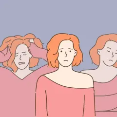 Trzy kobiety o rudych włosach, symbolizujące osobowość dysocjacyjną. Jedna z nich jest zrozpaczona, druga zamyślona, a trzecia wyraża niepokój.