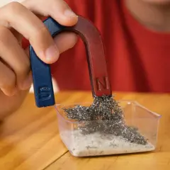 Ein Kind experimentiert mit einem Hufeisenmagneten und Metallspänen. Ein spannendes Thema für den Magnetismus in der Grundschule.