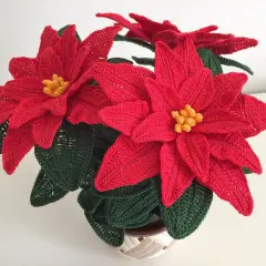 Stelle di Natale all'uncinetto con spiegazioni. Fiori rossi e foglie verdi in un vaso decorato, perfetti per il Natale.