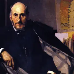 Retrato de Ramón de la Sagra, hombre de barba y traje oscuro, sentado con libros detrás.