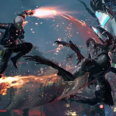 Nero w powietrzu, strzelając z ręki, walczy z potworem w mieście. Wygląda jak scena z Devil May Cry 6.