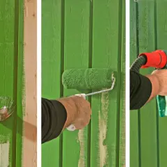 Tre steg för att spraymåla husfasad: pensel, roller och slutligen spraypistol för ett jämnt resultat.