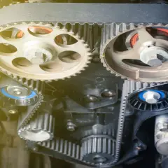 Detalle de la correa de distribución de un motor, con sus poleas y tensores. Es un componente clave que se cambia con la correa de distribución para asegurar el correcto funcionamiento del motor.