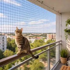 Kot na balkonie, zabezpieczonym siatką, cieszy się widokiem. To idealne meble dla kota na balkon, zapewniające mu bezpieczeństwo i przestrzeń do obserwacji.