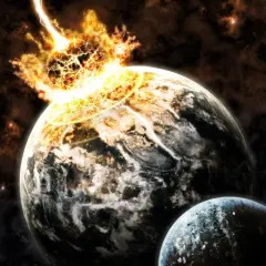 Enorm explosion på en planet, som om jorden går under. En annan mindre planet syns i förgrunden.