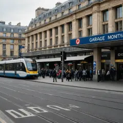 Un tramway blanc et bleu s'arrête devant la gare Montparnasse, une foule attend sur le quai.