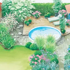 Traumhafte aufstellpool garten ideen: Ein runder Pool auf Holzdeck, Liegestühle, blühende Sträucher und ein gepflegter Rasen laden zum Entspannen ein.