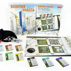 Gra planszowa "Budowa Miasta" z elementami do budowania, kartami obiektów i planszą.