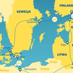 Mapa Europy Północnej z zaznaczonymi trasami rejsów. Gdzie jest Wilno? Na Litwie, na wschód od Polski.