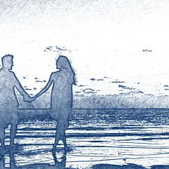 Para 100 naszych randek DIY, para trzyma się za ręce na plaży o zachodzie słońca.